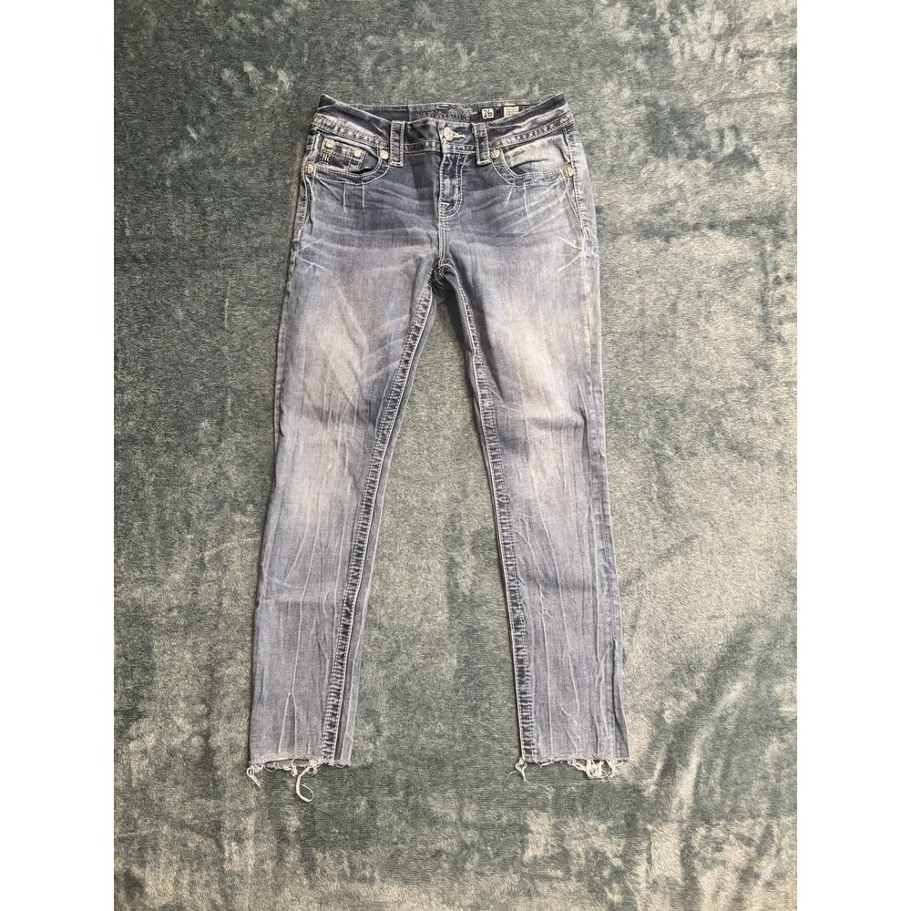 Miss Me Easy Skinny Jeans Womens 26 Mid-Rise Raw Hem Blue Embellished JE3042ESR